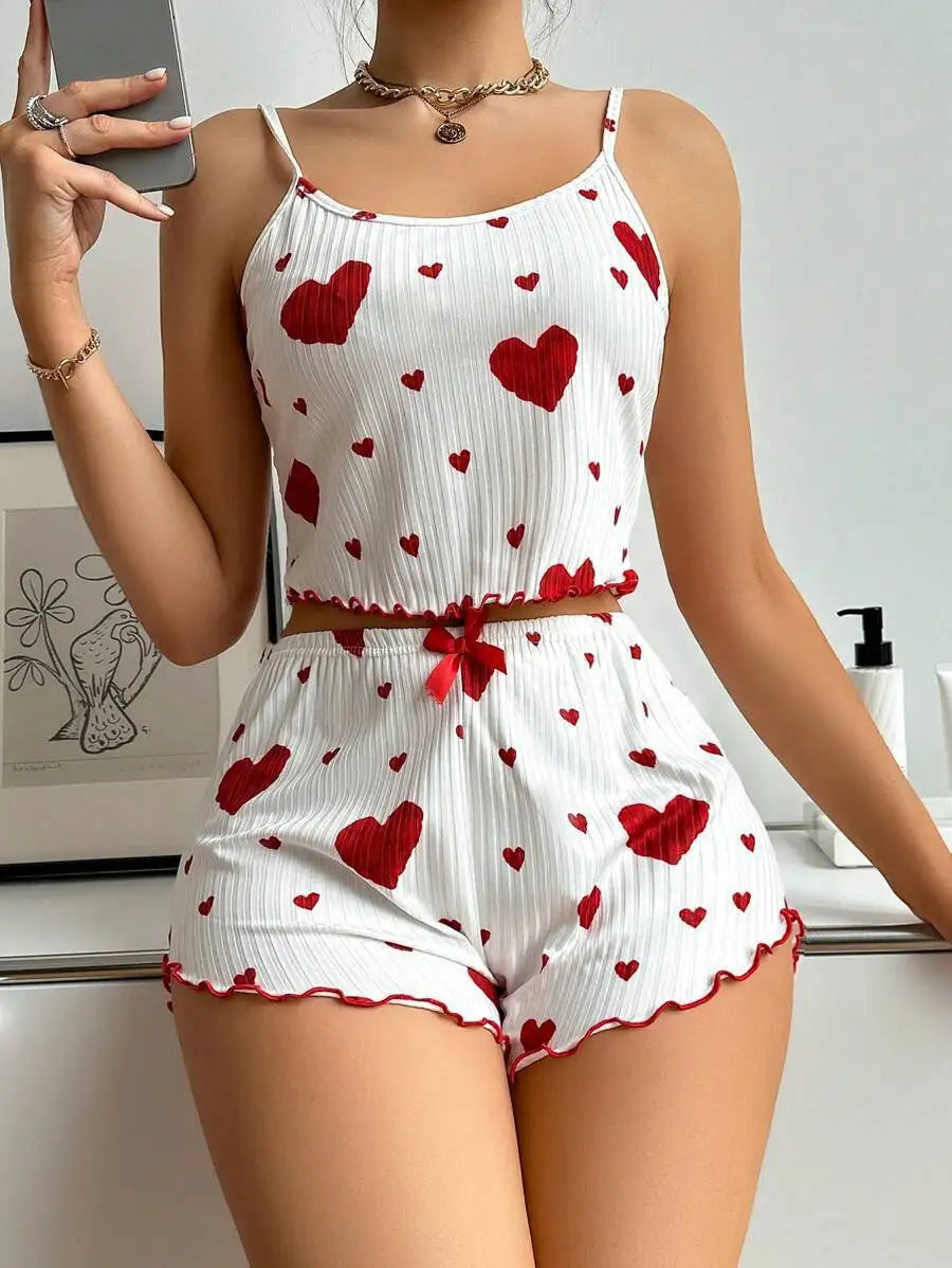 Women’s 2PCS Heart Print Pajama Set, Sleeveless Crop Top and Shorts, Soft Comfy Sleepwear Loungewear for Summer Nightwear
