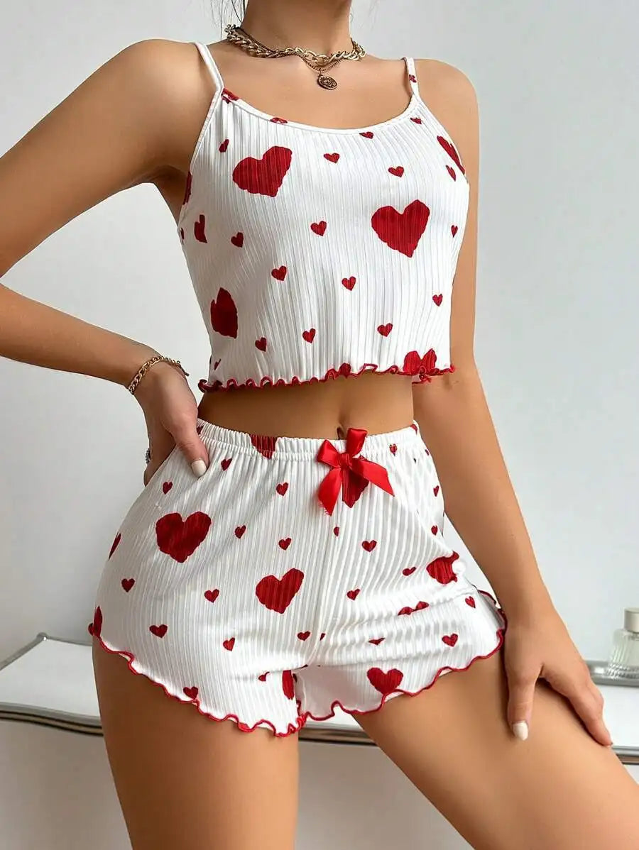 Women’s 2PCS Heart Print Pajama Set, Sleeveless Crop Top and Shorts, Soft Comfy Sleepwear Loungewear for Summer Nightwear