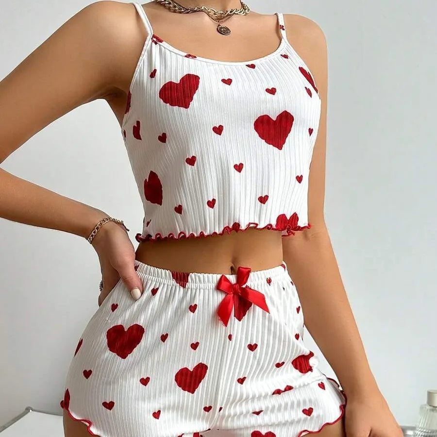 Women’s 2PCS Heart Print Pajama Set, Sleeveless Crop Top and Shorts, Soft Comfy Sleepwear Loungewear for Summer Nightwear