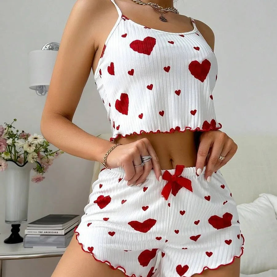 Women’s 2PCS Heart Print Pajama Set, Sleeveless Crop Top and Shorts, Soft Comfy Sleepwear Loungewear for Summer Nightwear