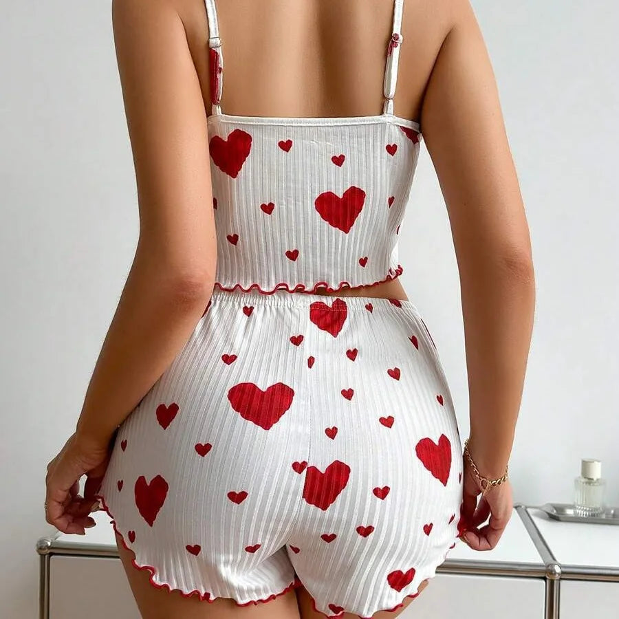 Women’s 2PCS Heart Print Pajama Set, Sleeveless Crop Top and Shorts, Soft Comfy Sleepwear Loungewear for Summer Nightwear