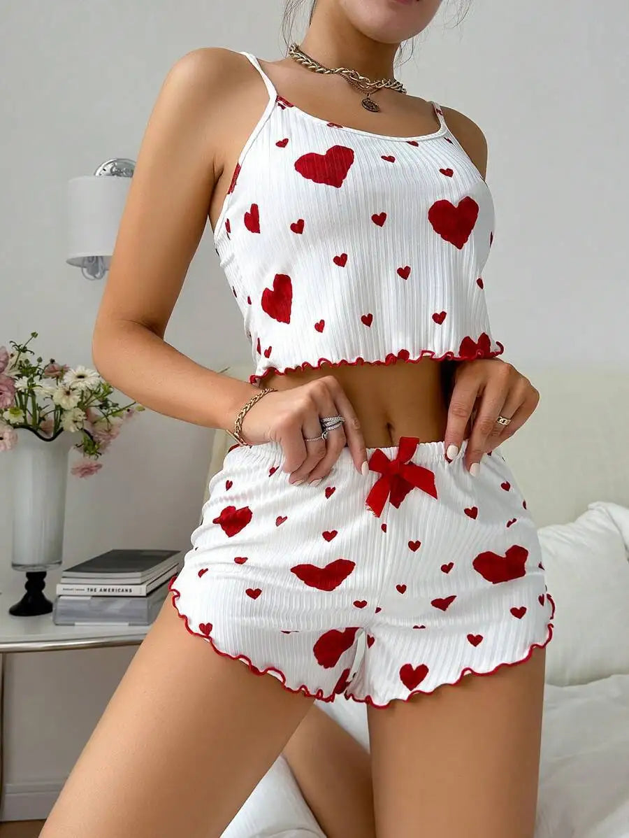 Women’s 2PCS Heart Print Pajama Set, Sleeveless Crop Top and Shorts, Soft Comfy Sleepwear Loungewear for Summer Nightwear