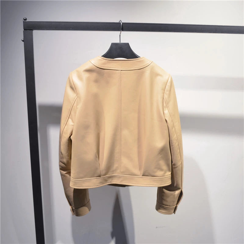 Genuine Sheepskin Casacas Para Mujer Women Casual V-neck Short Khaki/White/Black Leather Jacket Feminino Slim Tops Trendy Pocket