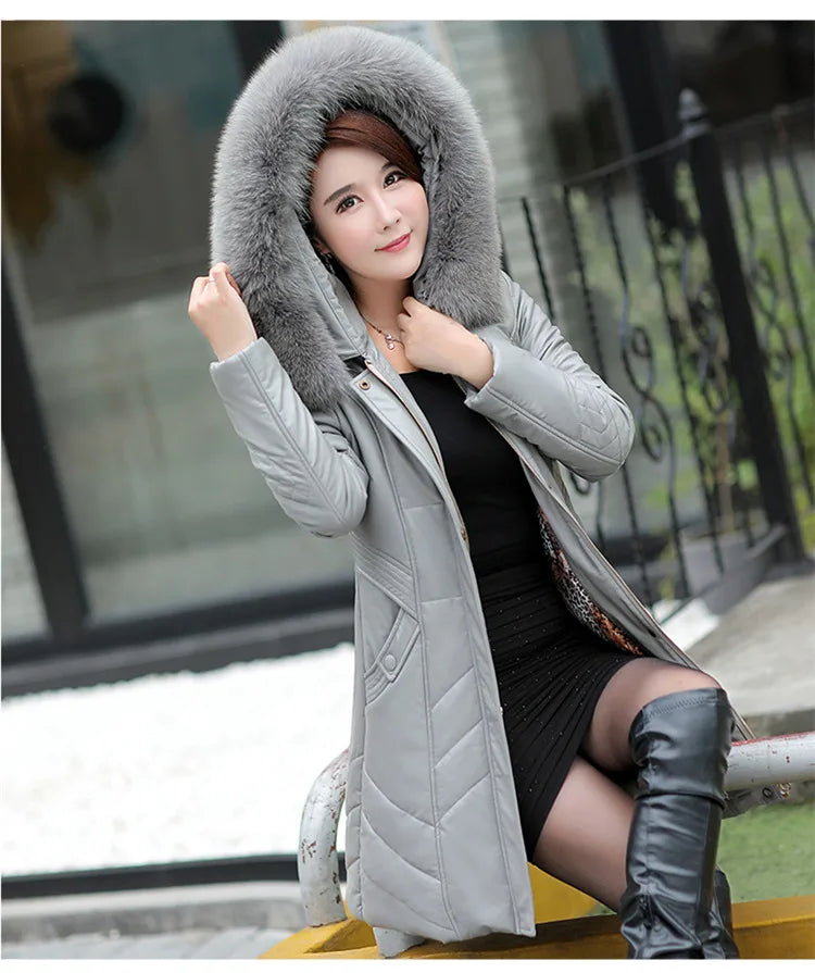 L-8XL Women Leather Coat Winter 2026 Fashion Mother Jacket Thicken Warm Outerwear Fur Collar Hooded Sheepskin Overcoat Female