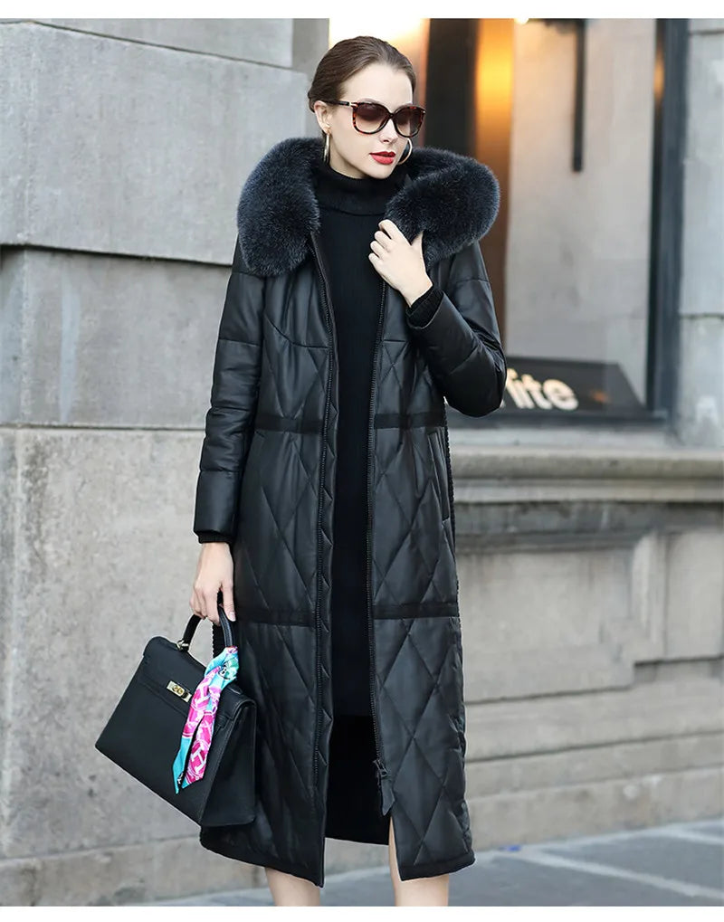 2022 High Quality Sheepskin Down Jacket Women Winter Coat Fox Fur Collar Hooded Natural Leather White Duck Down Outerwear KW1213