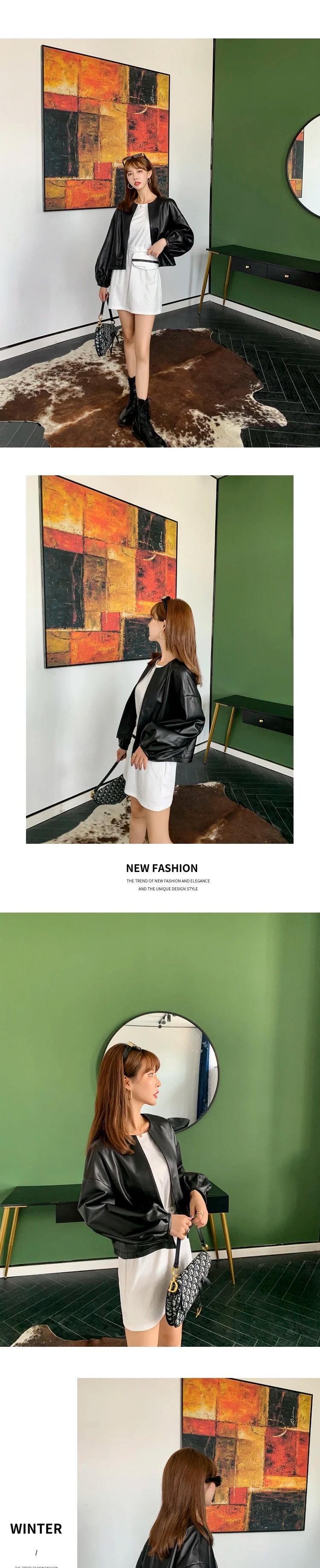 Autumn Puff Sleeve Genuine Leather Jacket Women 100% Sheepskin Collarless Cardigan Casacas Loose Small Short Blouson Cuir Femme