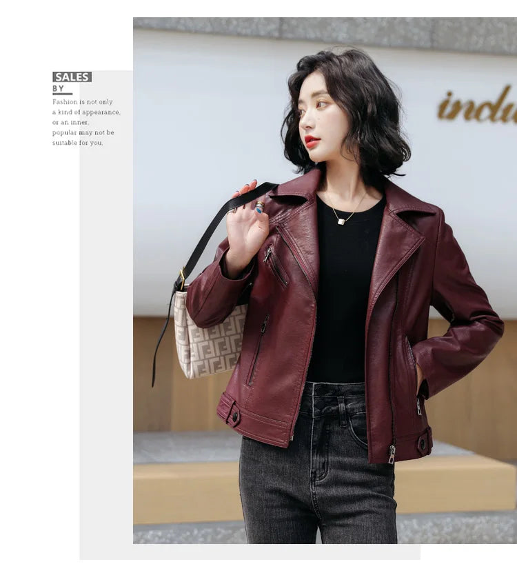 New Women Classic Leather Coat Spring Autumn 2025 Fashion Suit Collar Slim Short Sheepskin Outerwear Biker Leather Jacket Female