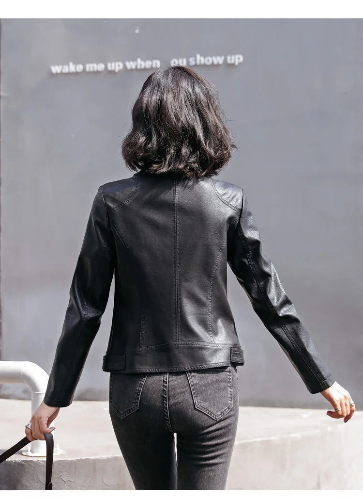 New Women Classic Leather Coat Spring Autumn 2025 Fashion Suit Collar Slim Short Sheepskin Outerwear Biker Leather Jacket Female