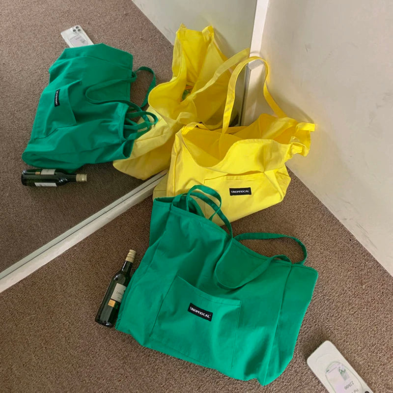Canvas Bag High Quality Reusable Shopping Shoulder Bag Women Simple Casual Daily Use Handbag Totes Female Portable Folding Purse