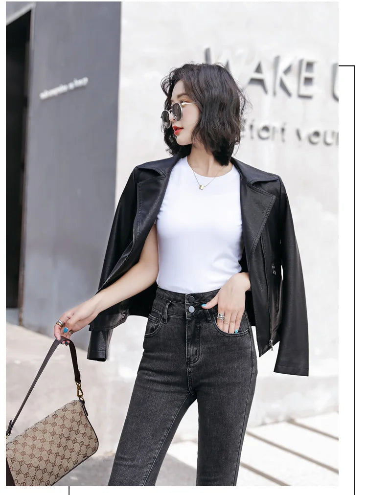 New Women Classic Leather Coat Spring Autumn 2025 Fashion Suit Collar Slim Short Sheepskin Outerwear Biker Leather Jacket Female