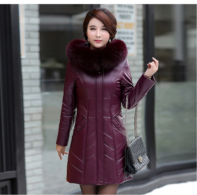 L-8XL Women Leather Coat Winter 2026 Fashion Mother Jacket Thicken Warm Outerwear Fur Collar Hooded Sheepskin Overcoat Female