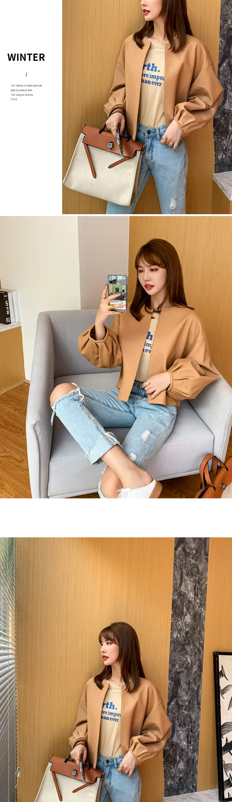 Autumn Puff Sleeve Genuine Leather Jacket Women 100% Sheepskin Collarless Cardigan Casacas Loose Small Short Blouson Cuir Femme