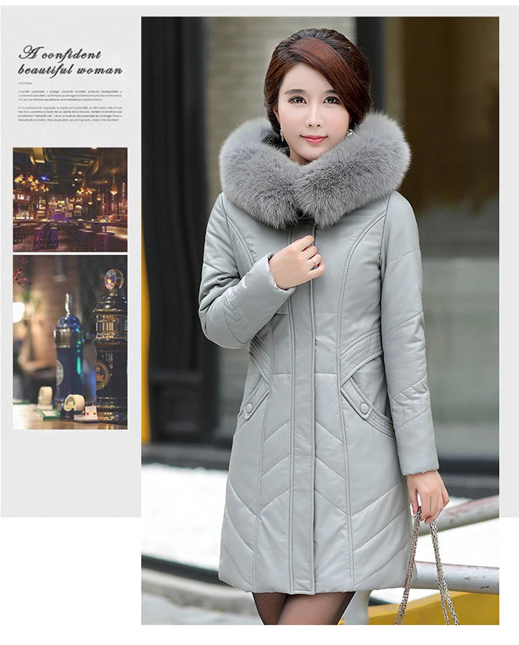 L-8XL Women Leather Coat Winter 2026 Fashion Mother Jacket Thicken Warm Outerwear Fur Collar Hooded Sheepskin Overcoat Female