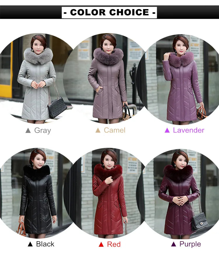L-8XL Women Leather Coat Winter 2026 Fashion Mother Jacket Thicken Warm Outerwear Fur Collar Hooded Sheepskin Overcoat Female