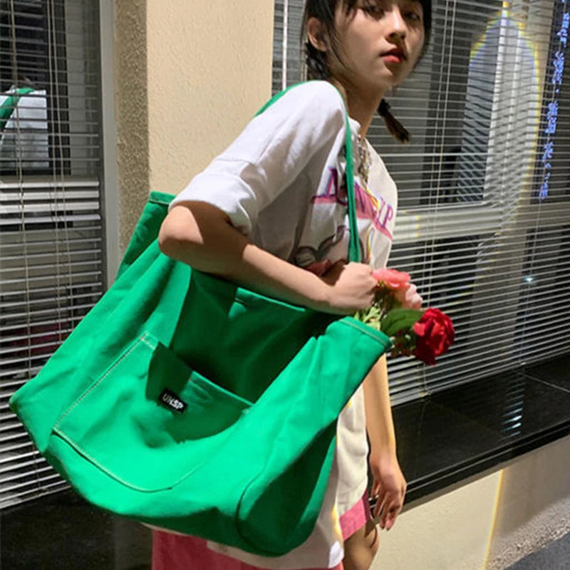 Canvas Bag High Quality Reusable Shopping Shoulder Bag Women Simple Casual Daily Use Handbag Totes Female Portable Folding Purse