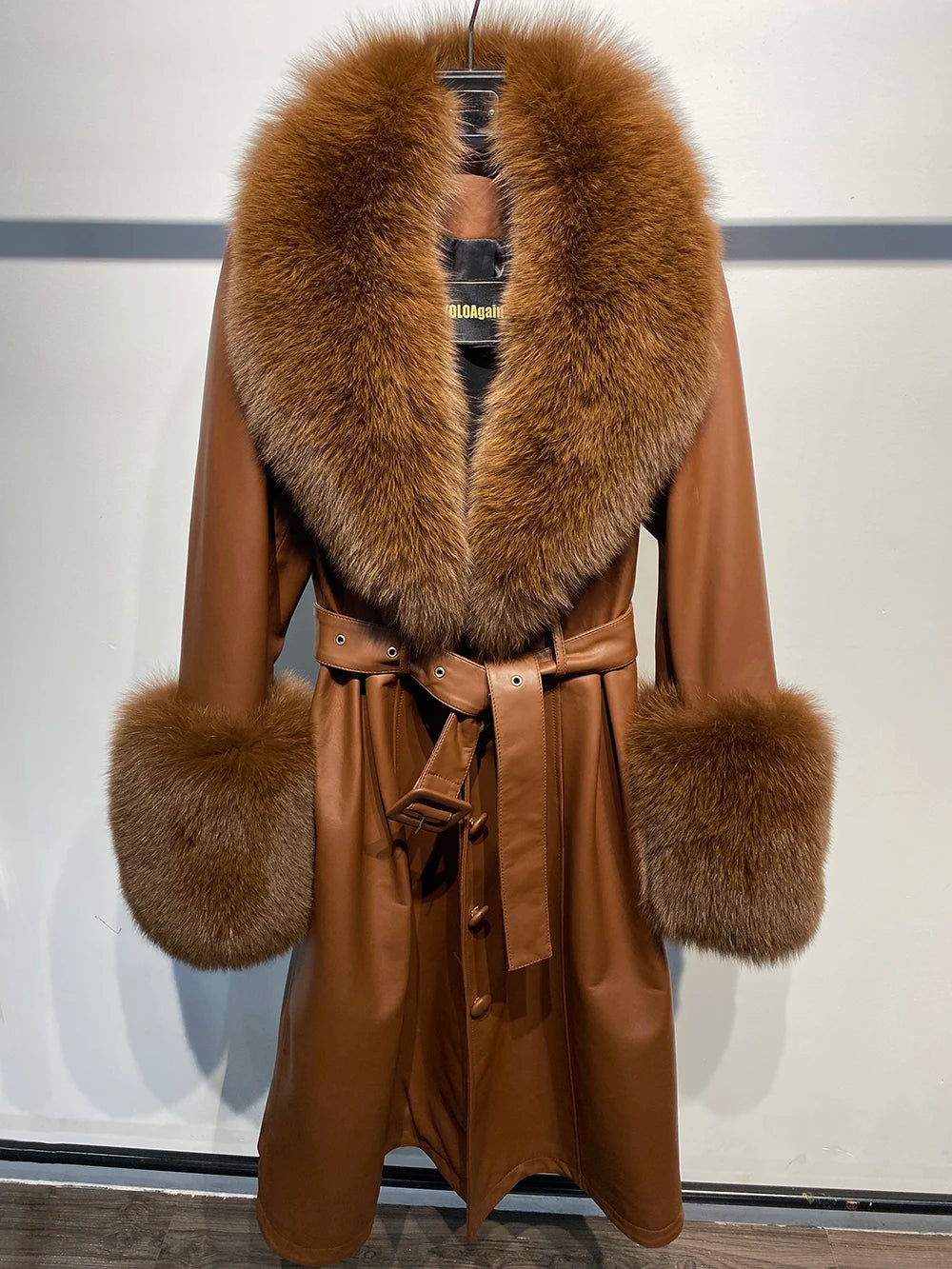 YOLOAgain Burgundy Real Fox Fur Collar Leather Trench Coat Women Genuine Leather Jacket Long Female