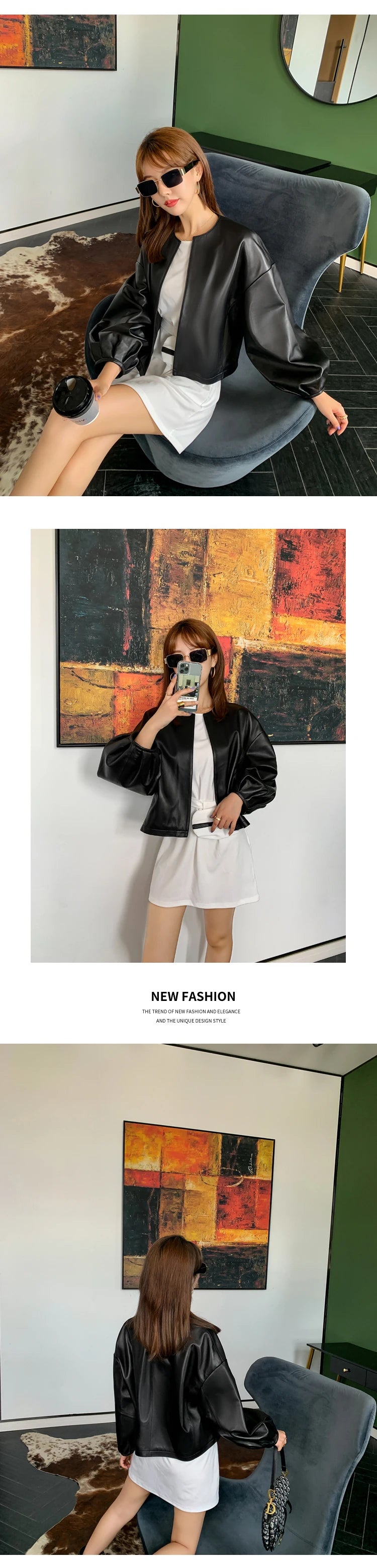 Autumn Puff Sleeve Genuine Leather Jacket Women 100% Sheepskin Collarless Cardigan Casacas Loose Small Short Blouson Cuir Femme