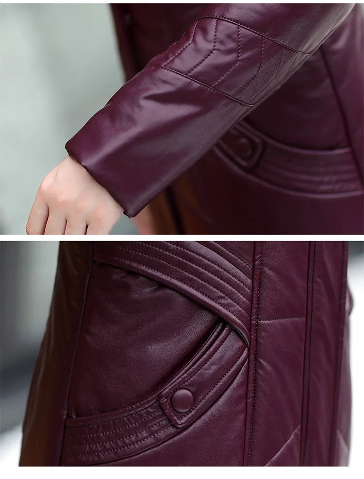 L-8XL Women Leather Coat Winter 2026 Fashion Mother Jacket Thicken Warm Outerwear Fur Collar Hooded Sheepskin Overcoat Female