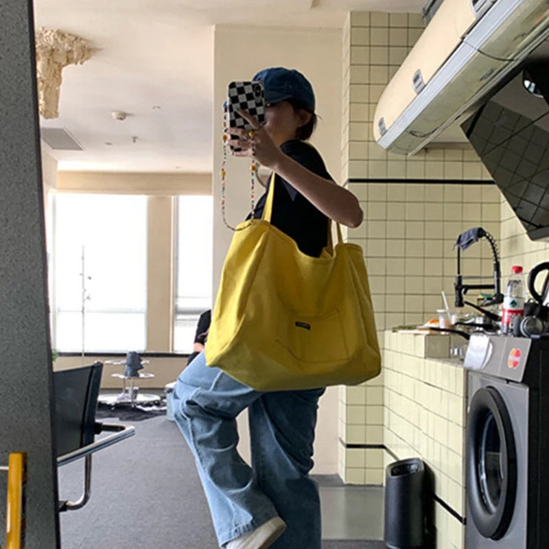 Canvas Bag High Quality Reusable Shopping Shoulder Bag Women Simple Casual Daily Use Handbag Totes Female Portable Folding Purse