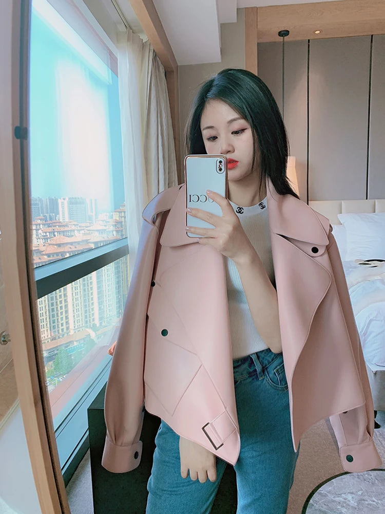 OFTBUY 2022 Genuine Leather Jacket Women Real Sheepshin Leather Coat Spring Autumn New Fashion Real Leather Jacket Loose Casual