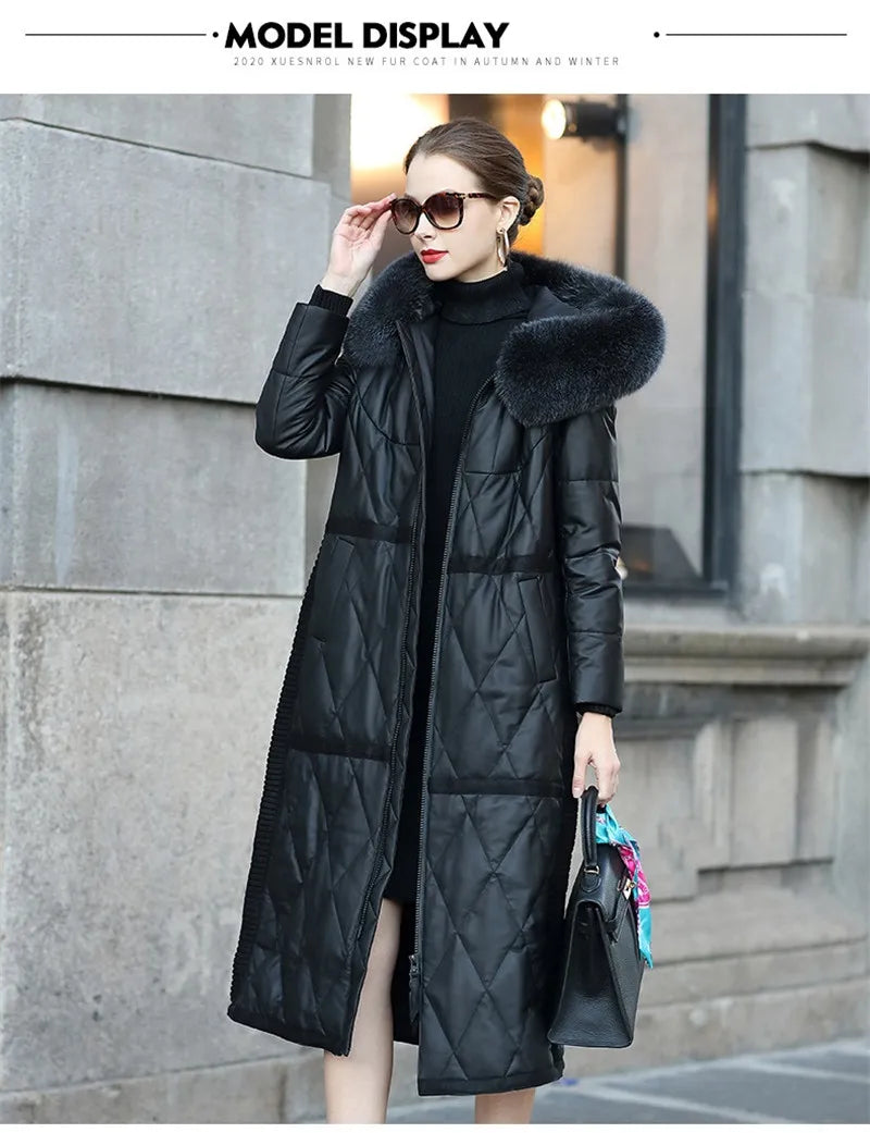 2022 High Quality Sheepskin Down Jacket Women Winter Coat Fox Fur Collar Hooded Natural Leather White Duck Down Outerwear KW1213