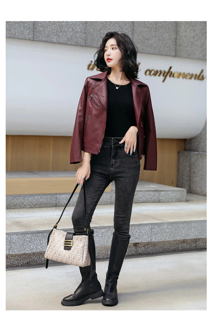 New Women Classic Leather Coat Spring Autumn 2025 Fashion Suit Collar Slim Short Sheepskin Outerwear Biker Leather Jacket Female