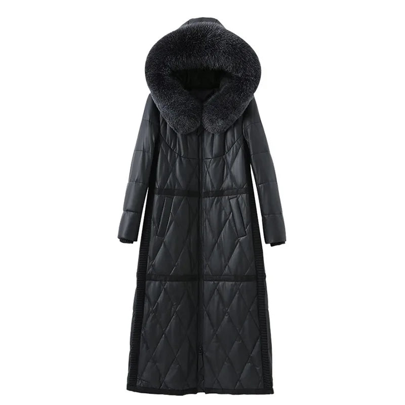 2022 High Quality Sheepskin Down Jacket Women Winter Coat Fox Fur Collar Hooded Natural Leather White Duck Down Outerwear KW1213