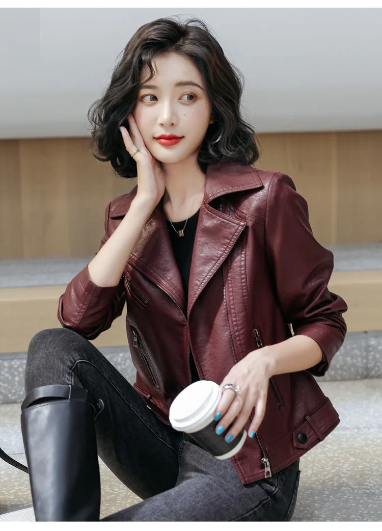 New Women Classic Leather Coat Spring Autumn 2025 Fashion Suit Collar Slim Short Sheepskin Outerwear Biker Leather Jacket Female