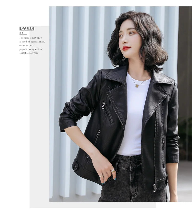 New Women Classic Leather Coat Spring Autumn 2025 Fashion Suit Collar Slim Short Sheepskin Outerwear Biker Leather Jacket Female