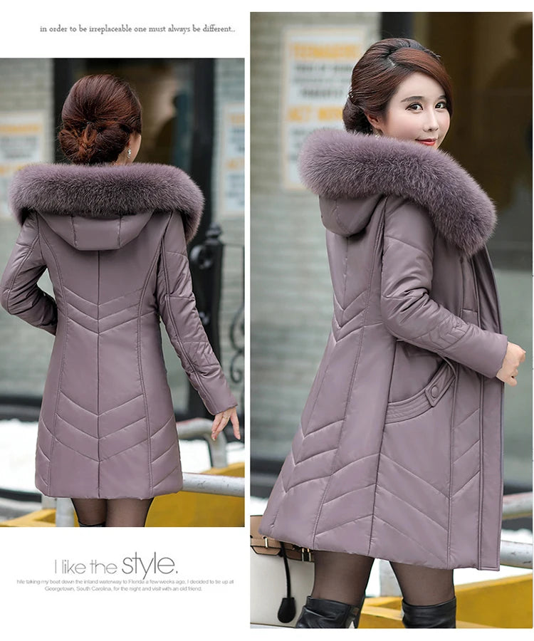 L-8XL Women Leather Coat Winter 2026 Fashion Mother Jacket Thicken Warm Outerwear Fur Collar Hooded Sheepskin Overcoat Female