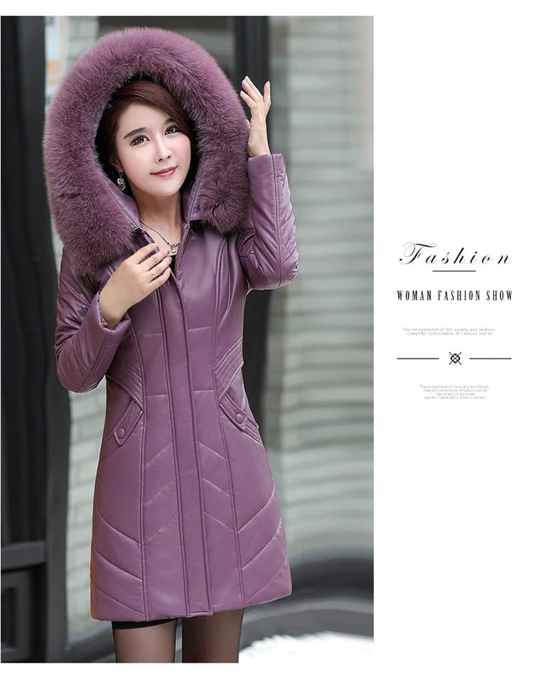 L-8XL Women Leather Coat Winter 2026 Fashion Mother Jacket Thicken Warm Outerwear Fur Collar Hooded Sheepskin Overcoat Female
