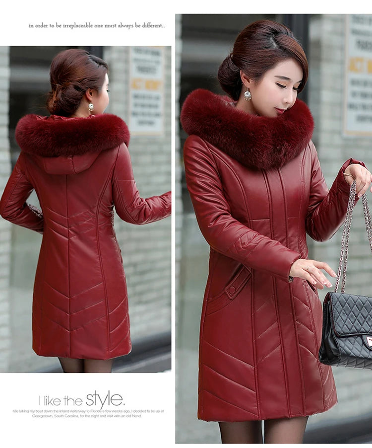 L-8XL Women Leather Coat Winter 2026 Fashion Mother Jacket Thicken Warm Outerwear Fur Collar Hooded Sheepskin Overcoat Female