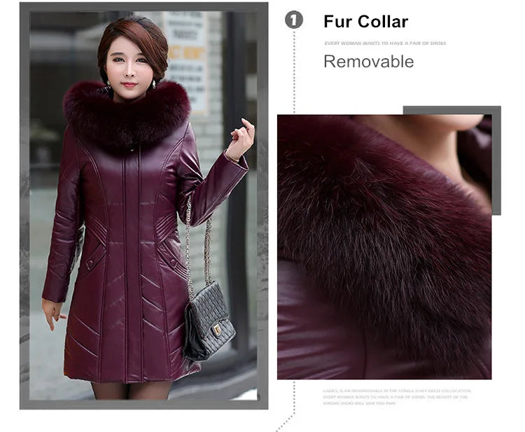 L-8XL Women Leather Coat Winter 2026 Fashion Mother Jacket Thicken Warm Outerwear Fur Collar Hooded Sheepskin Overcoat Female