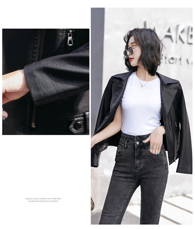 New Women Classic Leather Coat Spring Autumn 2025 Fashion Suit Collar Slim Short Sheepskin Outerwear Biker Leather Jacket Female