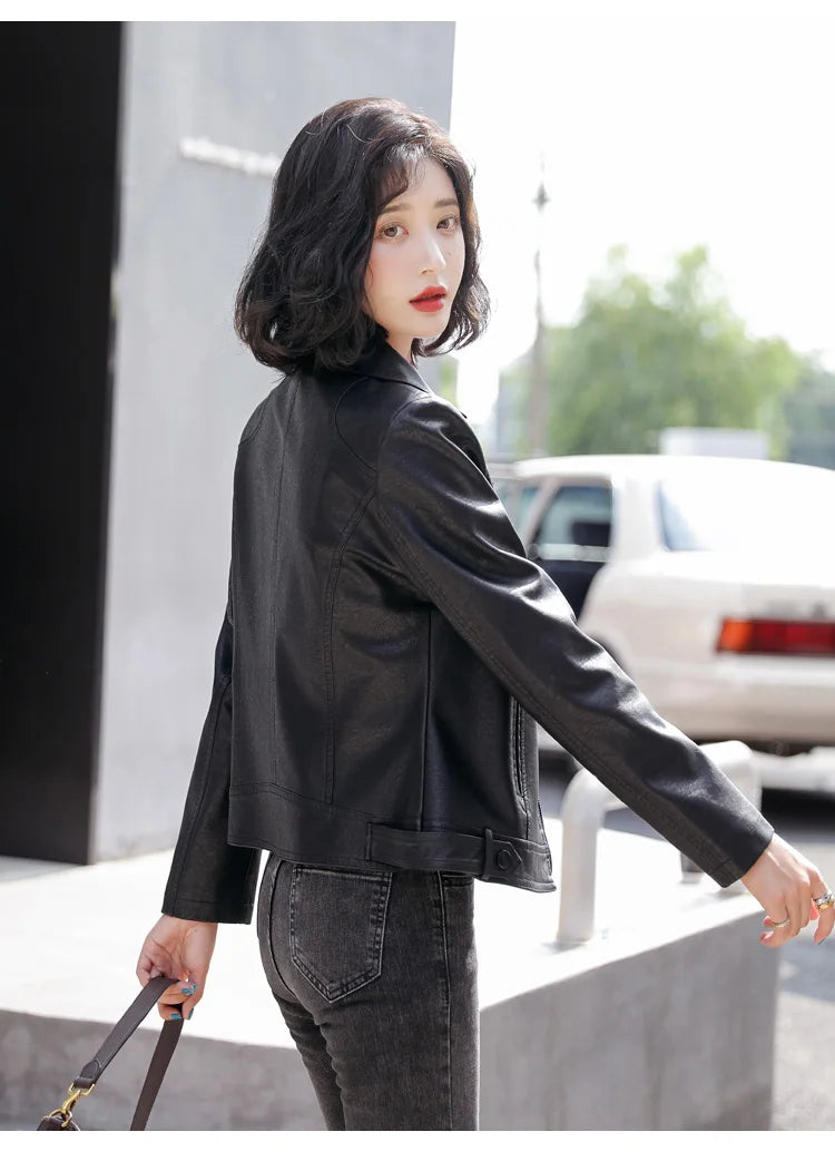 New Women Classic Leather Coat Spring Autumn 2025 Fashion Suit Collar Slim Short Sheepskin Outerwear Biker Leather Jacket Female