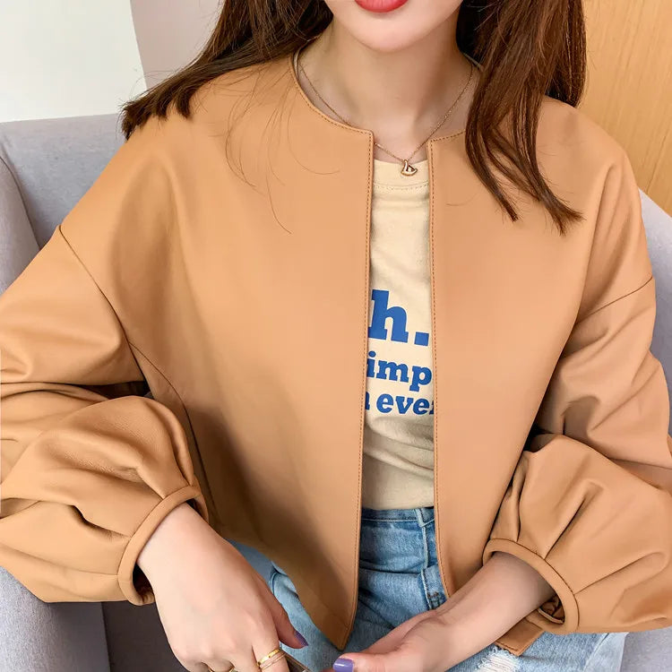 Autumn Puff Sleeve Genuine Leather Jacket Women 100% Sheepskin Collarless Cardigan Casacas Loose Small Short Blouson Cuir Femme