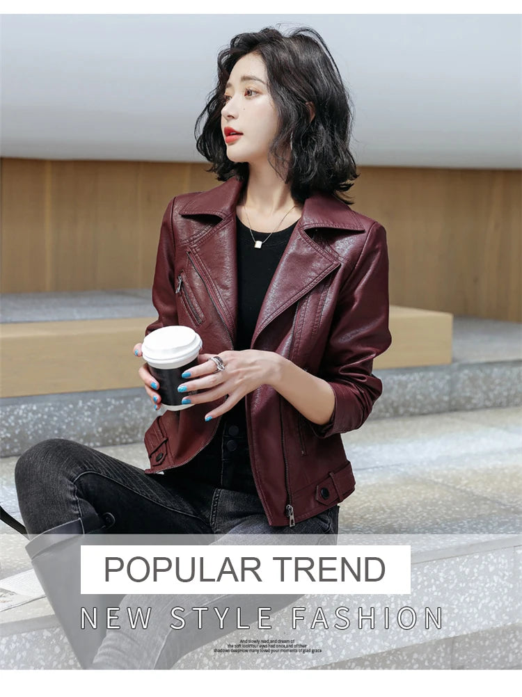 New Women Classic Leather Coat Spring Autumn 2025 Fashion Suit Collar Slim Short Sheepskin Outerwear Biker Leather Jacket Female