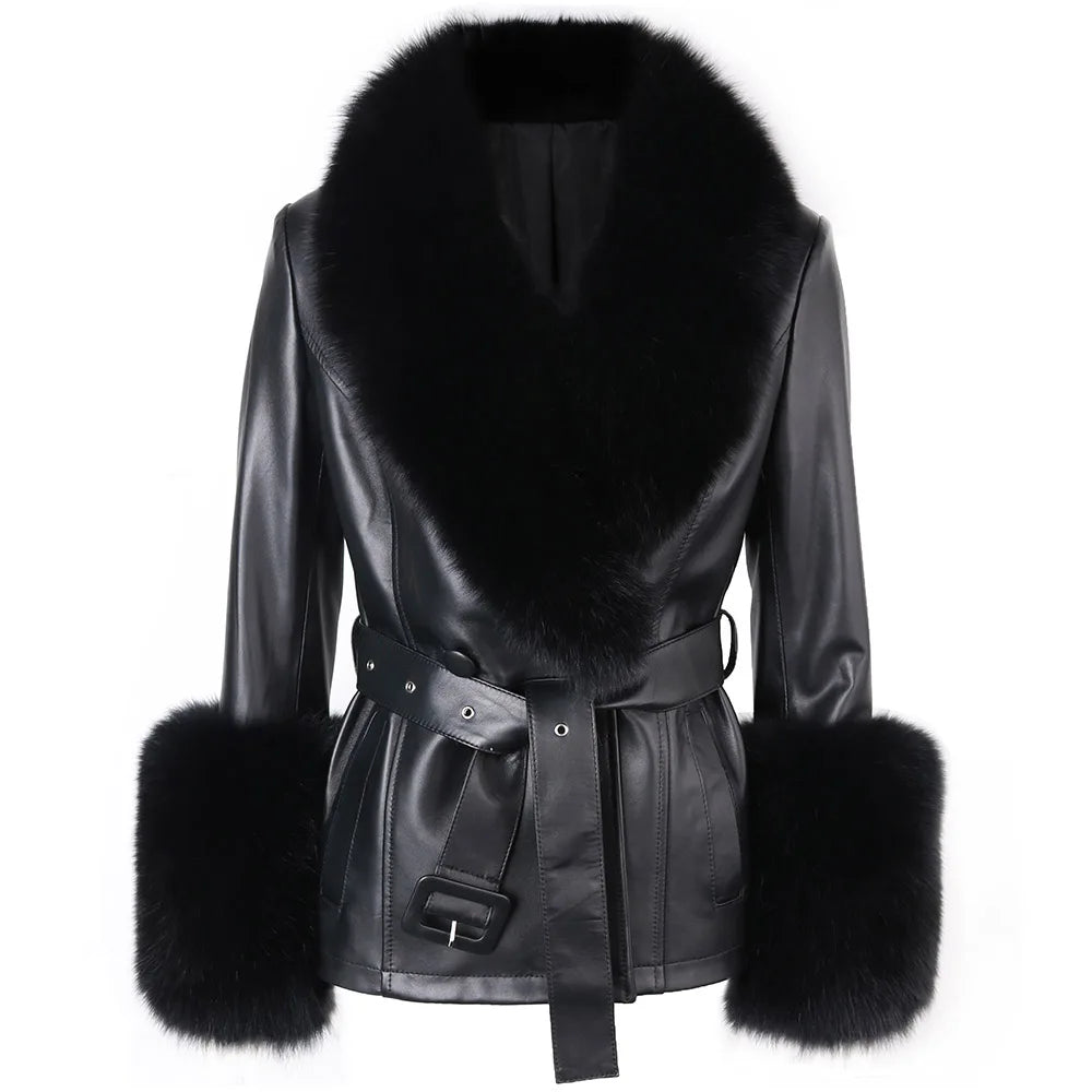 YOLOAgain Women's Real Fox Fur Collar Sheepskin Leather Jacket Coat Autumn 2025