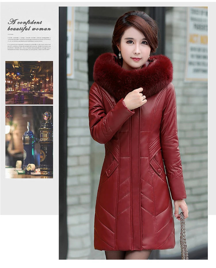L-8XL Women Leather Coat Winter 2026 Fashion Mother Jacket Thicken Warm Outerwear Fur Collar Hooded Sheepskin Overcoat Female