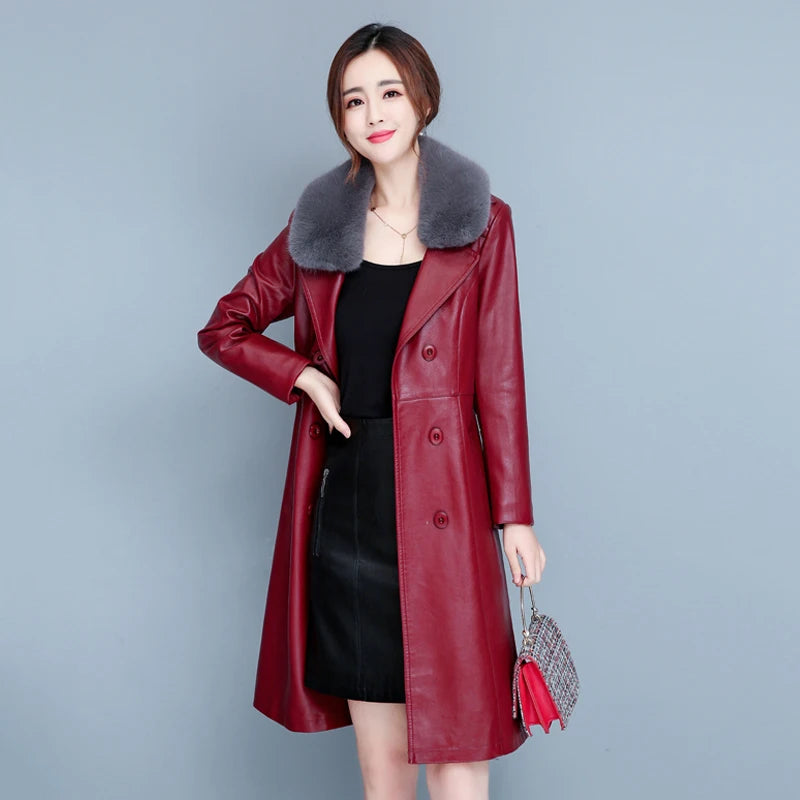 M-7XL Woman Sheepskin OverCoat Spring Autumn Winter 2026 Fashion Fur Collar Warm Thick Slim Long Sheep Leather Coat Female