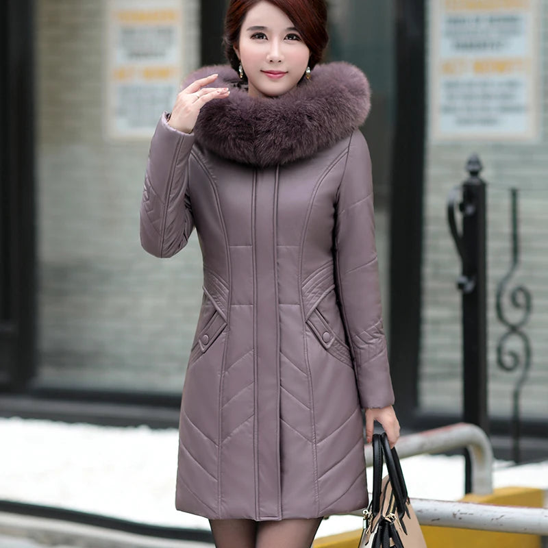 L-8XL Women Leather Coat Winter 2026 Fashion Mother Jacket Thicken Warm Outerwear Fur Collar Hooded Sheepskin Overcoat Female