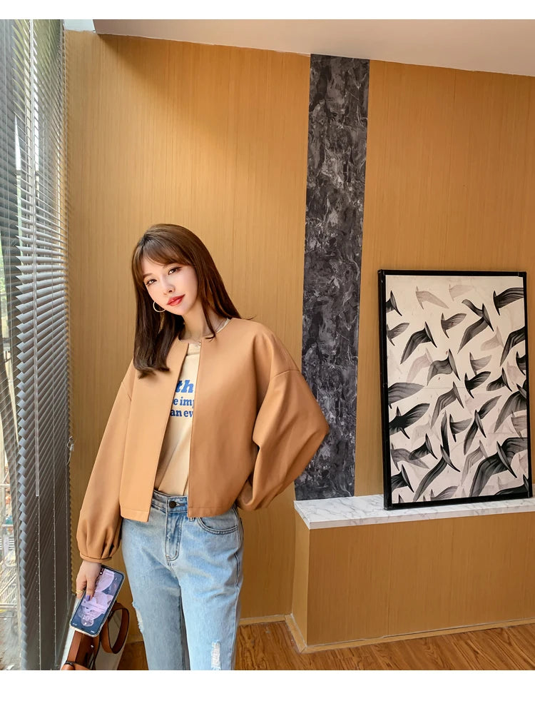 Autumn Puff Sleeve Genuine Leather Jacket Women 100% Sheepskin Collarless Cardigan Casacas Loose Small Short Blouson Cuir Femme
