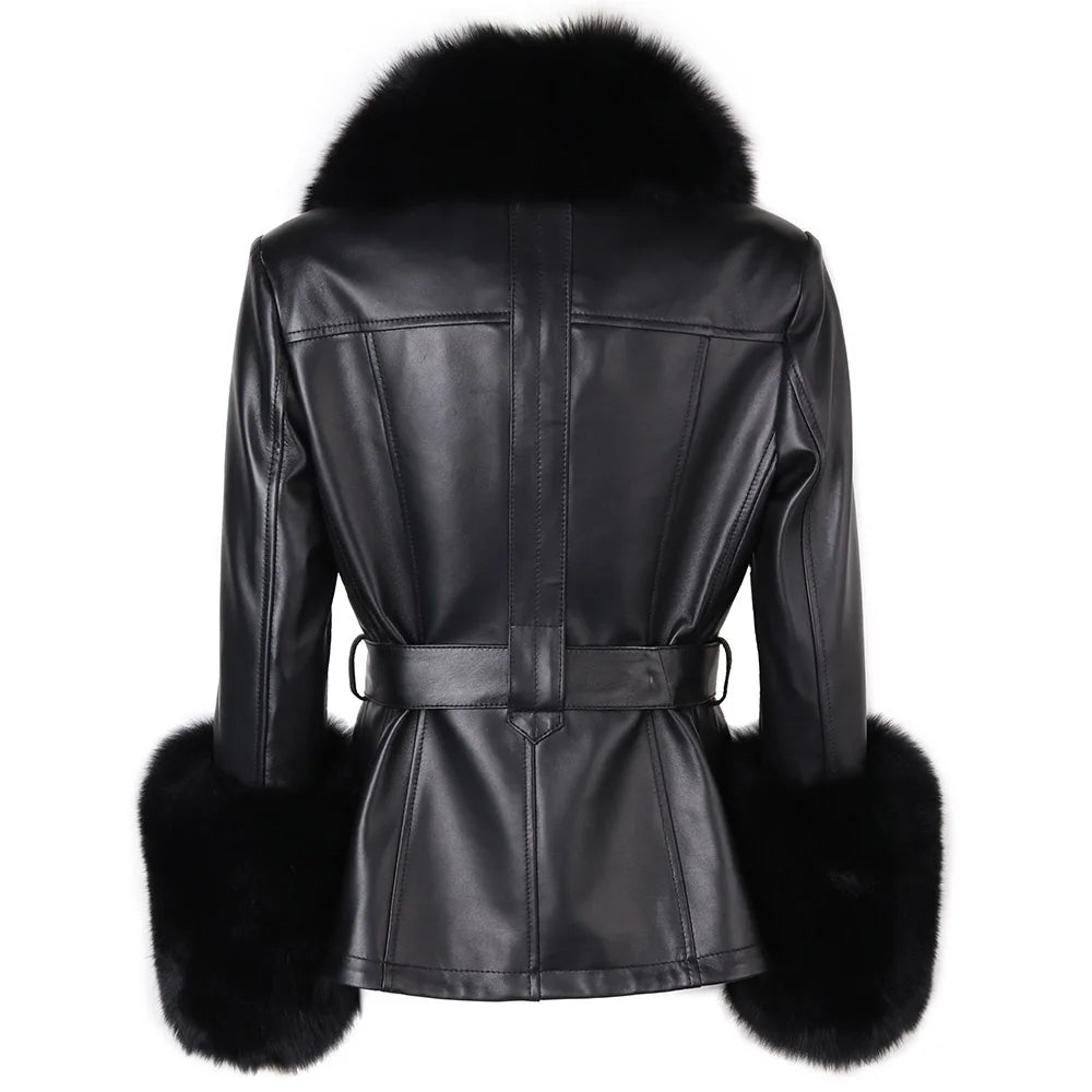 YOLOAgain Women's Real Fox Fur Collar Sheepskin Leather Jacket Coat Autumn 2025