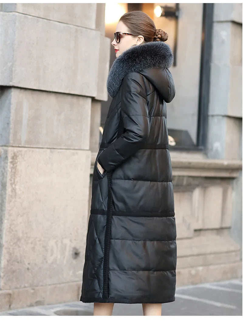 2022 High Quality Sheepskin Down Jacket Women Winter Coat Fox Fur Collar Hooded Natural Leather White Duck Down Outerwear KW1213