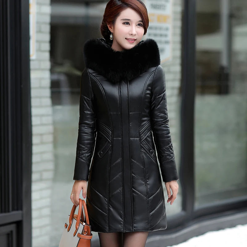 L-8XL Women Leather Coat Winter 2026 Fashion Mother Jacket Thicken Warm Outerwear Fur Collar Hooded Sheepskin Overcoat Female