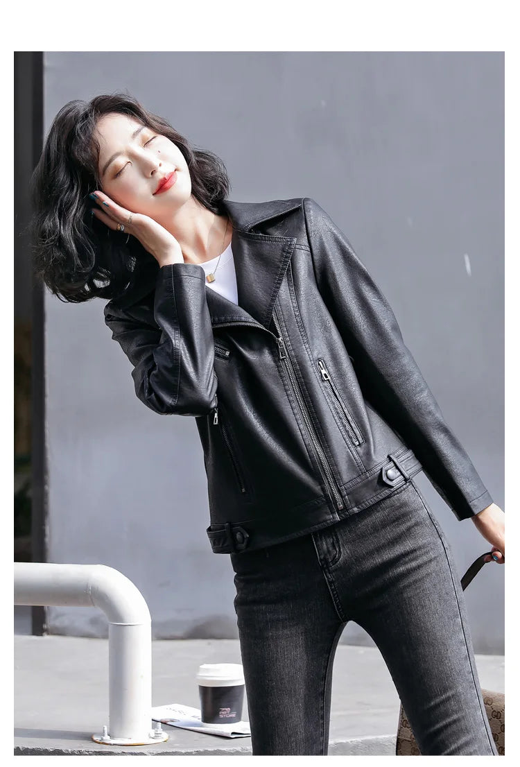 New Women Classic Leather Coat Spring Autumn 2025 Fashion Suit Collar Slim Short Sheepskin Outerwear Biker Leather Jacket Female