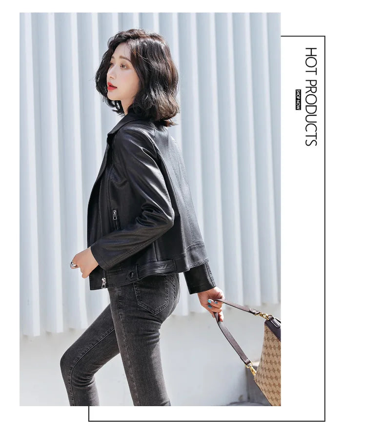 New Women Classic Leather Coat Spring Autumn 2025 Fashion Suit Collar Slim Short Sheepskin Outerwear Biker Leather Jacket Female