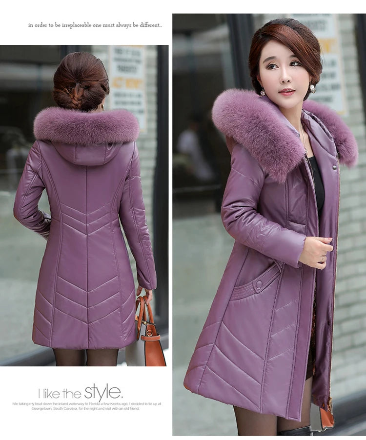 L-8XL Women Leather Coat Winter 2026 Fashion Mother Jacket Thicken Warm Outerwear Fur Collar Hooded Sheepskin Overcoat Female