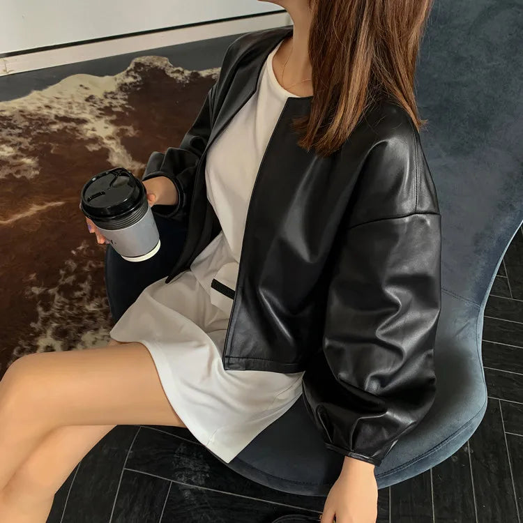 Autumn Puff Sleeve Genuine Leather Jacket Women 100% Sheepskin Collarless Cardigan Casacas Loose Small Short Blouson Cuir Femme