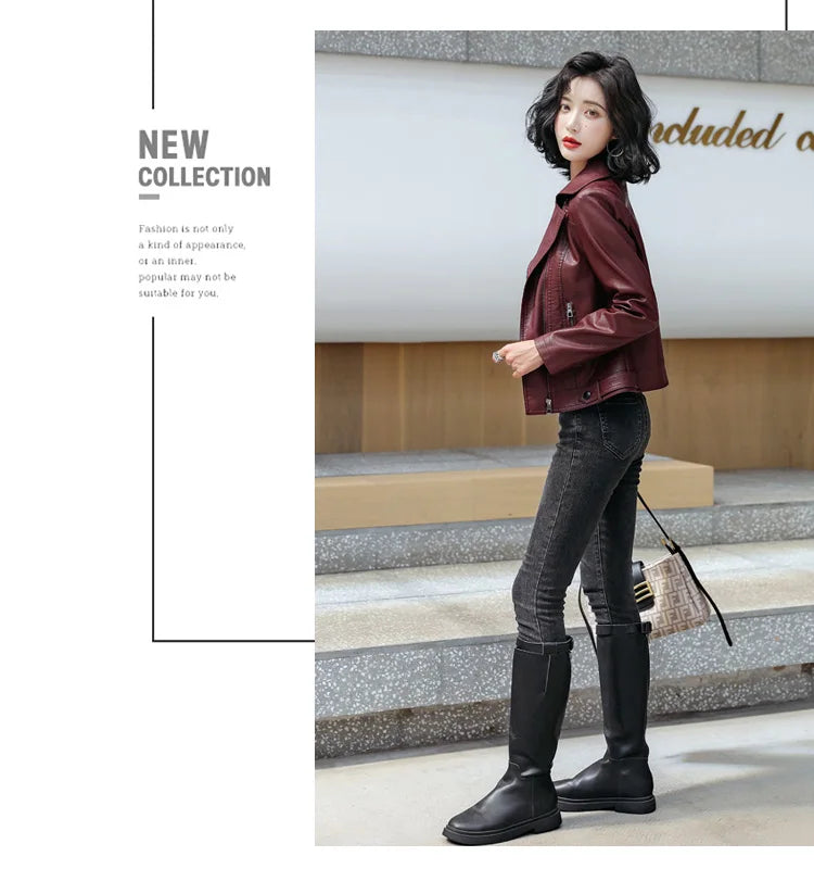 New Women Classic Leather Coat Spring Autumn 2025 Fashion Suit Collar Slim Short Sheepskin Outerwear Biker Leather Jacket Female